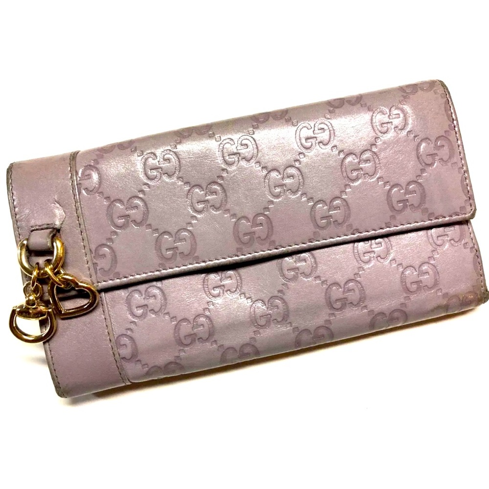 GUCCI VINTAGE HORSE BIT HEART CHARM GUCCISSIMA LEATHER LONG WALLET GRAY/LAVENDER